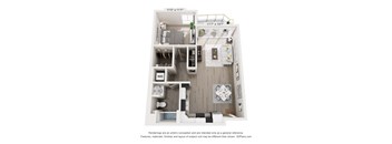 A floor plan of a small apartment with a kitchen, living room, and bathroom.