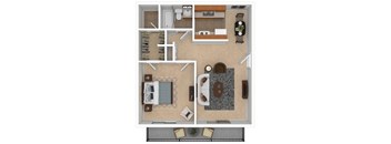 a stylized floor plan with a bedroom and living room