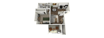 A 3D rendered image of a small apartment with a living room, kitchen, and bedroom.