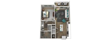 A floor plan of a small apartment with a kitchen, living room, and bathroom.
