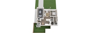 A 3D floor plan of a house with a car parked in the driveway.