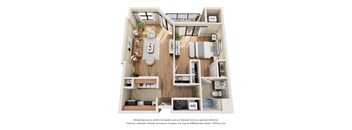 A 3D floor plan of a small apartment with a kitchen, living room, and bathroom.