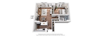 A 3D floor plan of a small apartment with a kitchen, living room, and bedroom.