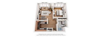 A floor plan of a small apartment with two bedrooms, a living room, and a kitchen.