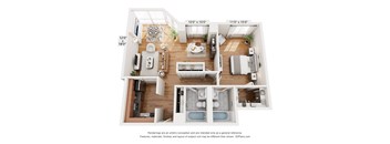 A 3D floor plan of a house with a kitchen, living room, and two bedrooms.