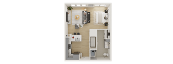 A top-down view of a small, neatly organized apartment.