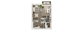 A top-down view of a small apartment with a kitchen, living room, and bathroom.