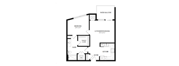 A floor plan of a home with a bedroom, bathroom, living room, and kitchen.