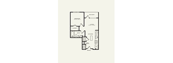 A floor plan of a small apartment with a bedroom, living room, kitchen, bathroom, and entry.