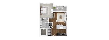 A top down view of a small apartment with a bedroom, living room, and kitchen.