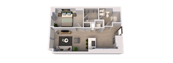 A 3D floor plan of a house showing a living room, kitchen, dining area, and bedrooms.