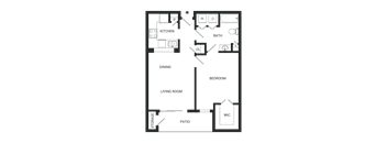 A floor plan of a house with a kitchen, bathroom, dining area, bedroom, living room, and patio.