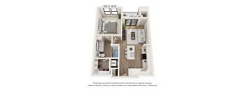A 3D floor plan of a small apartment with a kitchen, living room, and bathroom.