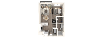 A 3D rendered image of a small apartment layout.