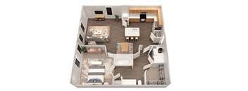 A top down view of a living room, kitchen, and bedroom in a house.