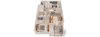 A top-down view of a small apartment with a kitchen, living room, and bedroom.