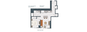 A floor plan of a living space with a bedroom and living room.