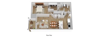 A floor plan of a house with a living room, dining room, kitchen, and bedrooms.