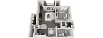 A 3D floor plan of a modern apartment with a kitchen, living room, and bathroom.