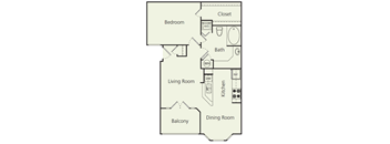 A floor plan of a house with a bedroom, living room, kitchen, dining room, and balcony.