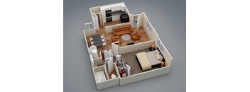 a 3d rendering of a bedroom and living room