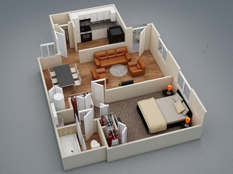 a 3d rendering of a bedroom and living room