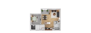 a stylized floor plan with a bedroom and living room