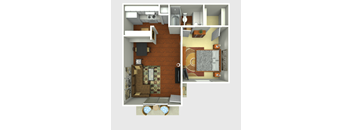 a stylized floor plan with a bedroom and a living room