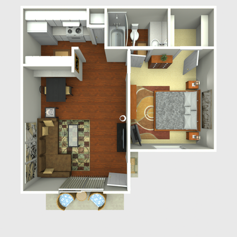 a stylized floor plan with a bedroom and a living room