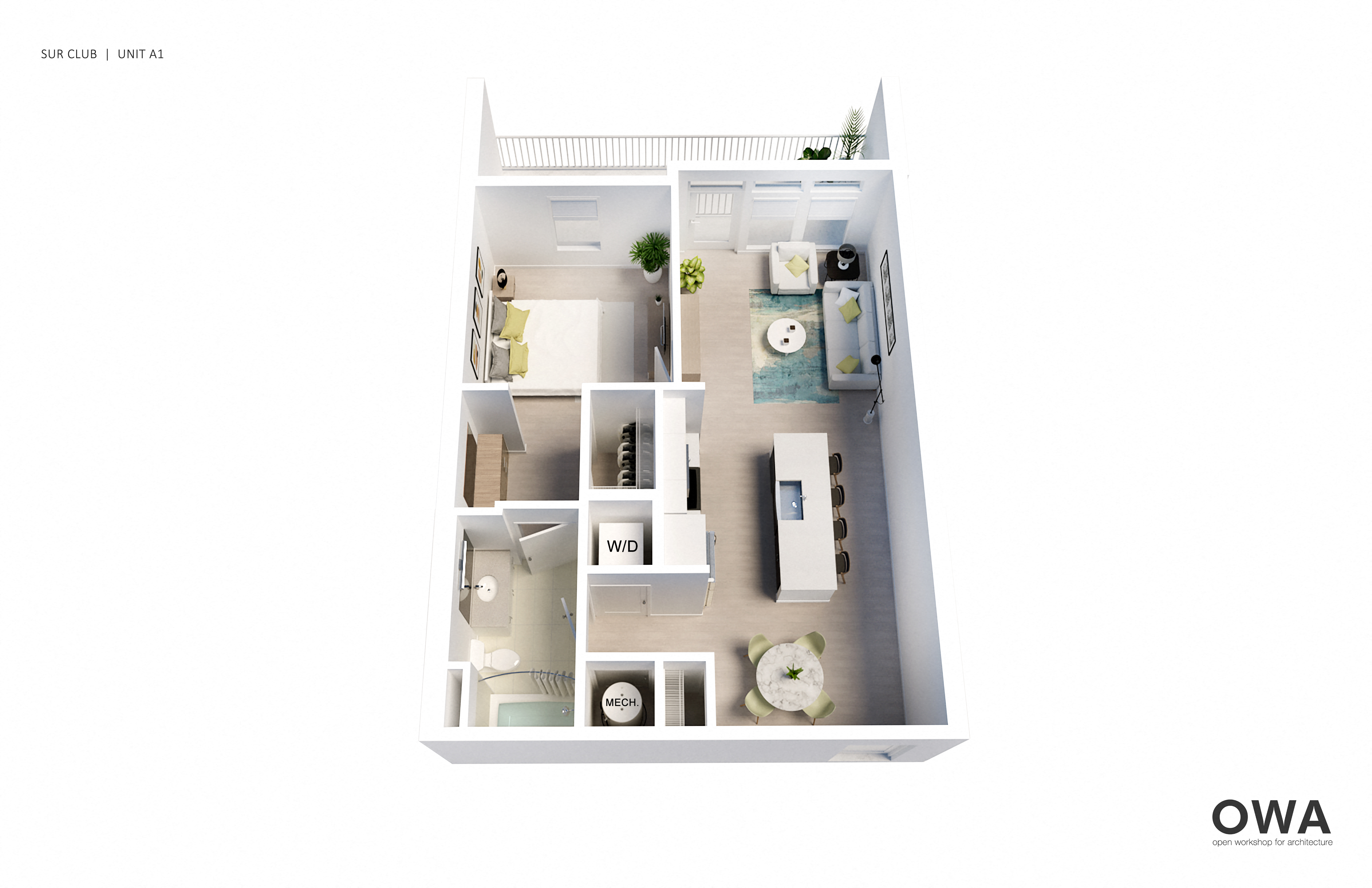 A white 3D floor plan of a small apartment with the label