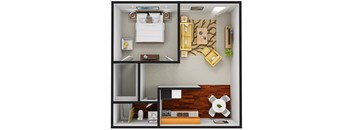 A top-down view of a small, neatly organized apartment with a bed, desk, and kitchenette.