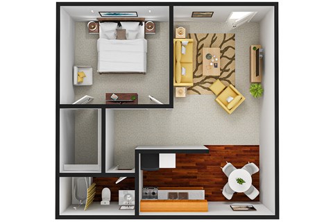 A top-down view of a small, neatly organized apartment with a bed, desk, and kitchenette.