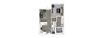 A floor plan of a small apartment with a kitchen, living room, and bathroom.
