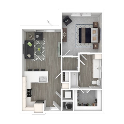 A floor plan of a small apartment with a kitchen, living room, and bathroom.