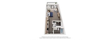 A floor plan of a small apartment with a kitchen, living room, and bathroom.