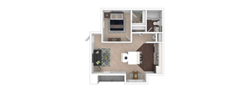 A floor plan of a small apartment with a kitchen, living room, and bathroom.