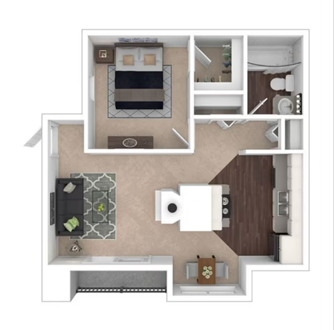A floor plan of a small apartment with a kitchen, living room, and bathroom.