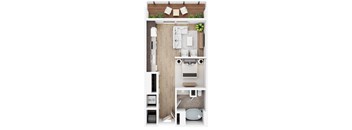 A floor plan of a small apartment with a kitchen, living room, and bathroom.