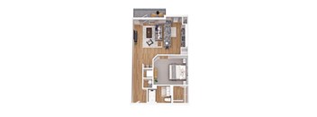 A top-down view of a small apartment with a living room, kitchen, and bedroom.
