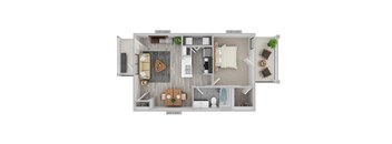 A floor plan of a small apartment with a kitchen, living room, and bathroom.