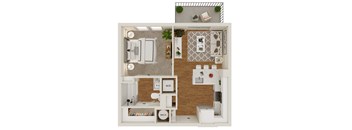 A 3D floor plan of a small apartment with a kitchen, living room, and bathroom.