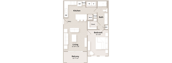 A floor plan of a home with a living room, kitchen, bathroom, bedroom, and balcony.