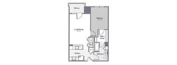 A floor plan of a small apartment with a living room, dining room, kitchen, bathroom, bedroom, and balcony.
