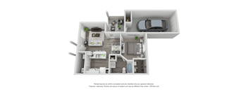 A 3D floor plan of a house with a kitchen, living room, and two bedrooms.