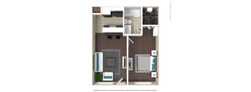 A floor plan of a small apartment with a kitchen, living room, and bathroom.