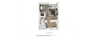 A floor plan of a small apartment with a kitchen, living room, and bathroom.