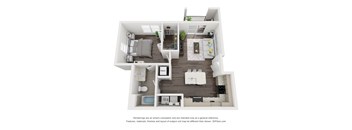 A 3D floor plan of a house with a kitchen, living room, and bathroom.