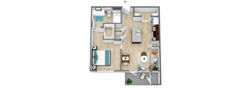 A 3D floor plan of a small apartment with a kitchen, living room, and bathroom.