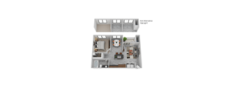 A 3D floor plan of a 708 square foot apartment.