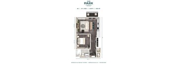 A floor plan of a one bedroom apartment with a bathroom and a kitchen.